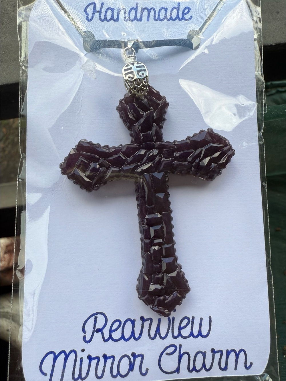 Handmade Dark Purple Cross Pendant Necklace - Rearview Mirror Charm